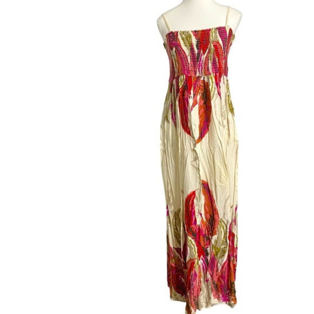 K. Jordan Rayon Spaghetti Strap Smocked Chest Feather Print Maxi Dress